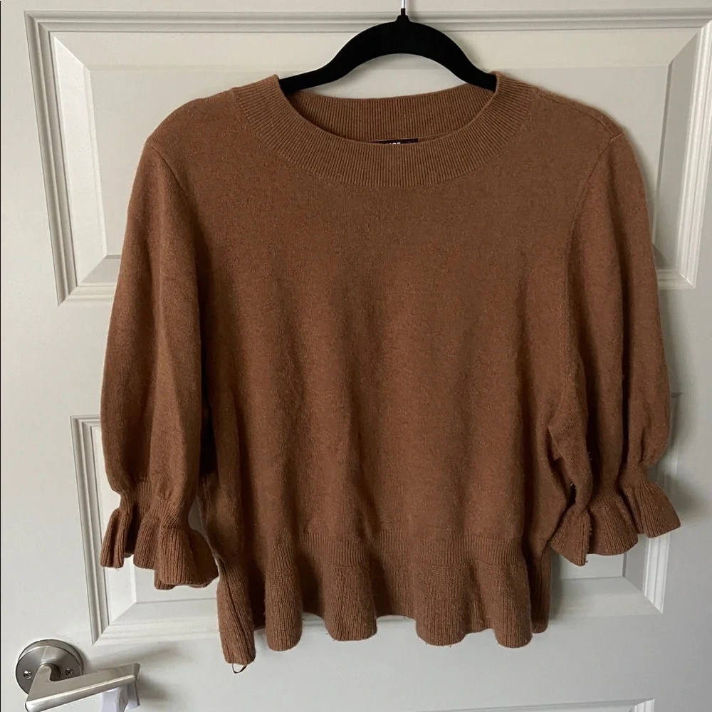 PAIGE Sabelina Merino Wool and Cashmere Blend Peplum Sweater in Dark Caramel - Picture 6 of 6